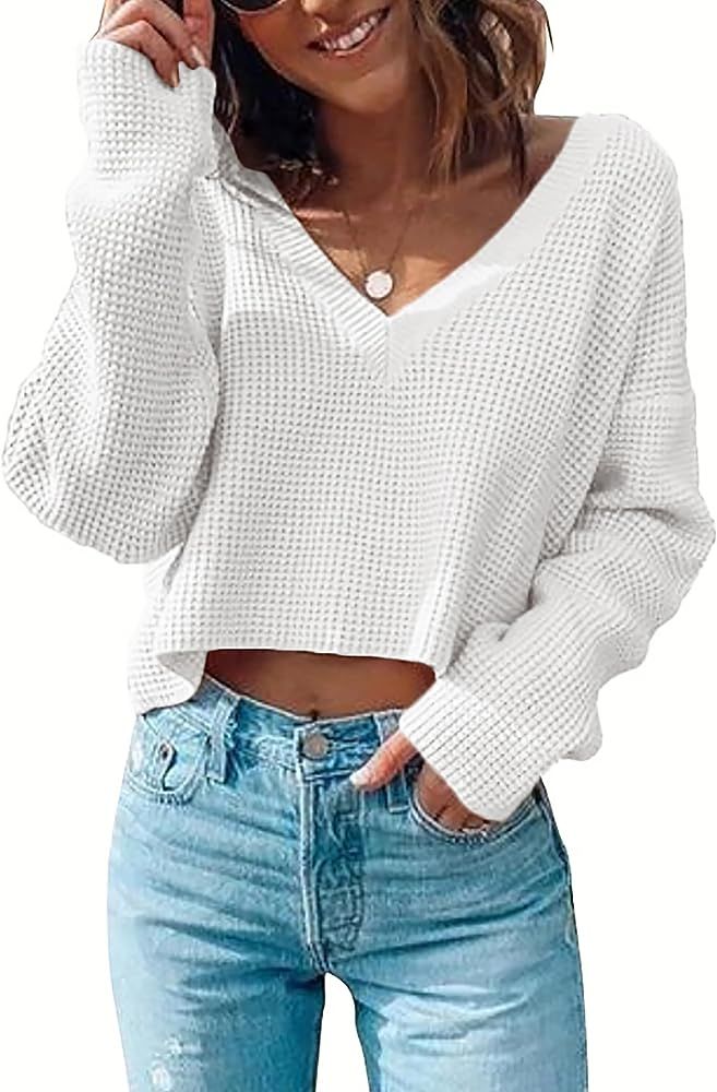 Zeagoo Women Long Sleeve Tops Waffle Knit Shirts Fashion Cropped Top Casual V Neck T Shirts | Amazon (US)
