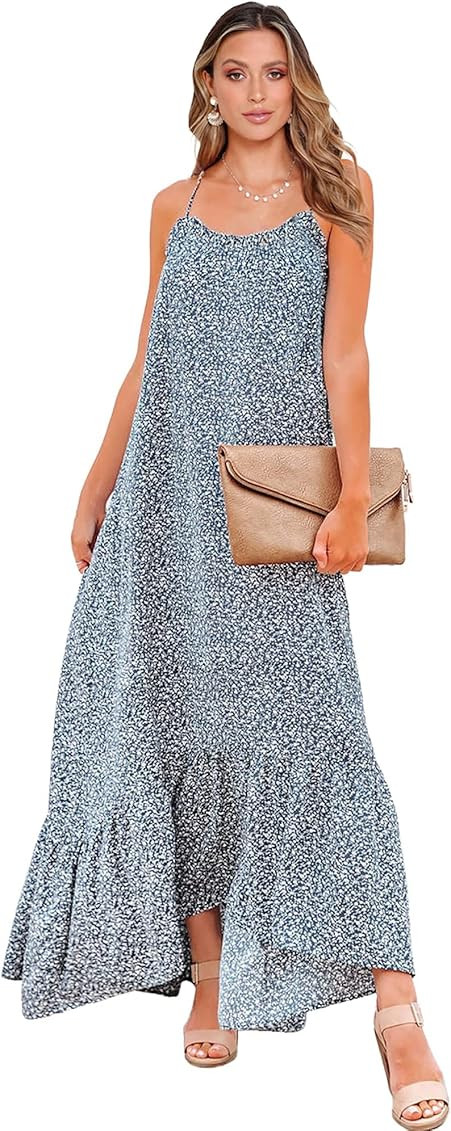 BTFBM Women Casual Summer Dresses 2024 Spaghetti Strap Sleeveless Sundress Print Ruffle Flowy Boh... | Amazon (US)