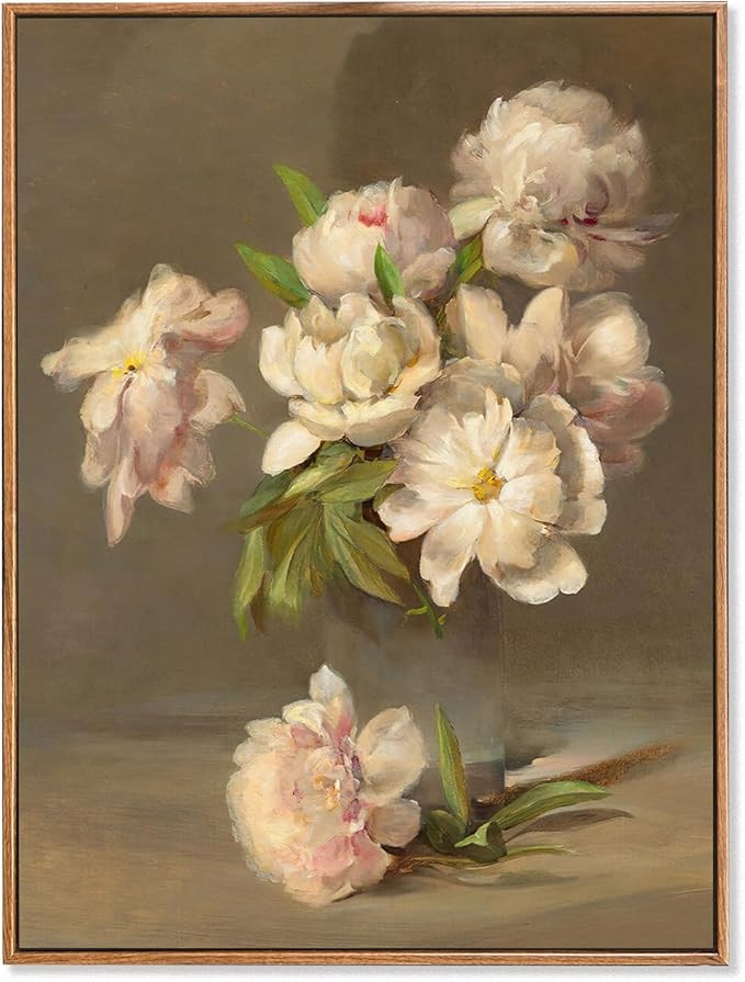 Qizee Framed Canvas Painting, 12x16in Vintage Floral Wall Art Print, Pink Peonies Home Decor | Amazon (US)