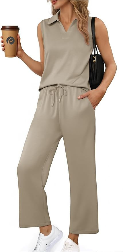 PINSPARK 2 Piece Sets for Women Sleeveless Matching Lounge Sets V Neck Tops Wide Leg Crop Pants S... | Amazon (US)