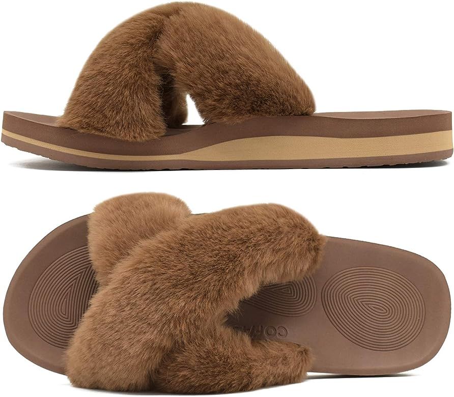 COFACE Womens Fuzzy Slides Fluffy Fax Fur Cross Slippers Open Toe Yoga Mat House Slippers Sandals... | Amazon (US)