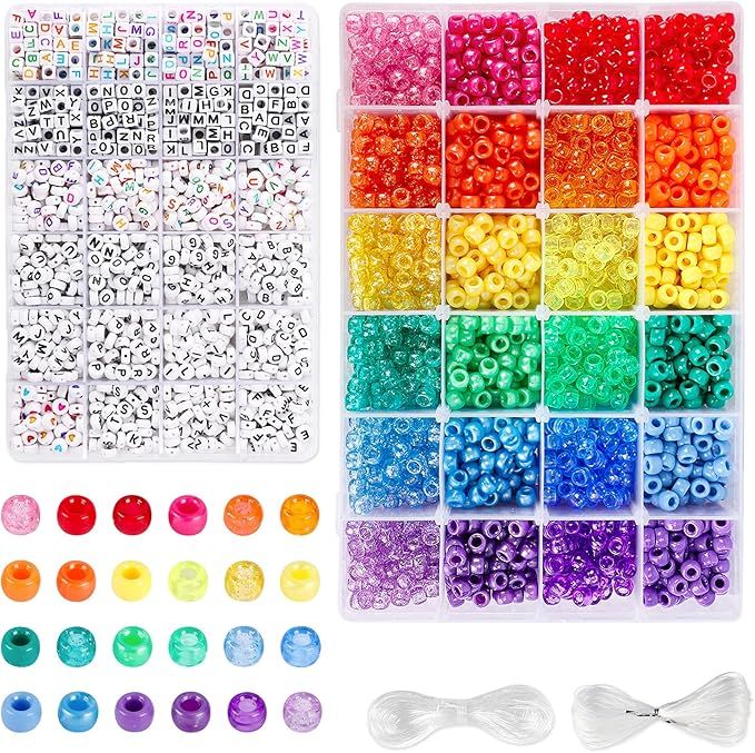 UOONY 4000pcs Pony Beads Kit, 2400pcs Rainbow Kandi Beads and 1600pcs Letter Beads, 24 Colors Pla... | Amazon (US)