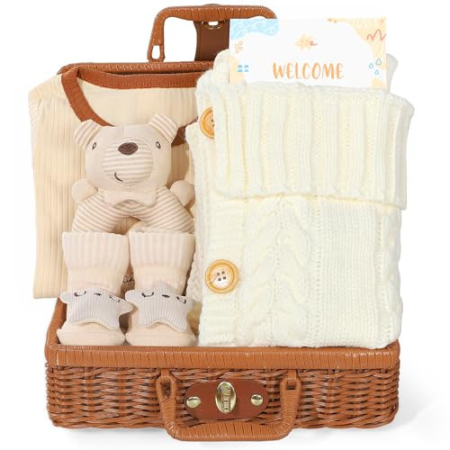 iAOVUEBY Baby Gift Set, Newborn Essentials Baby Swaddle Blanket Knit Sleeping Bag Onesie Socks Infant Rattle, Baby Gifts for Girls Boys, Rattan Baby Shower Gifts Basket | Amazon (US)
