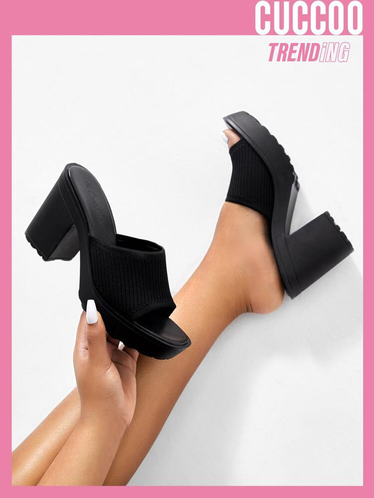 CUCCOO Trending Knit Chunky Mid Heeled Mules | SHEIN