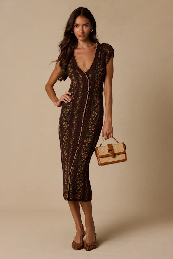 Savanna Brown Floral Button-Front Sweater Midi Dress | Lulus