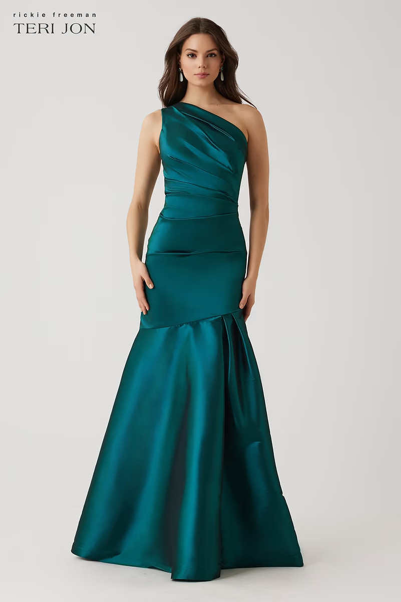 Stretch Taffeta Pleated One Shoulder Gown | TERI JON