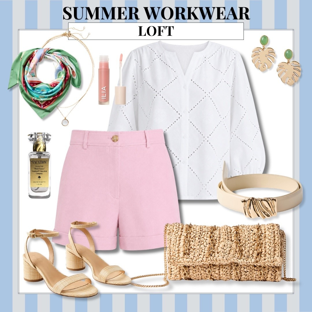 The perfect balance of polished and summer ready. These pink tailored shorts paired with a breezy white blouse make an effortless office outfit, and the woven accessories add just the right finishing touch for work, lunch meetings, or after work plans.

Summer workwear, LOFT style, office outfit, business casual, pink shorts, white blouse, workwear inspiration, summer office style, polished outfit, woven handbag, neutral heels, AudrieDollins

#LTKWorkwear #LTKootd #LTKSeasonal