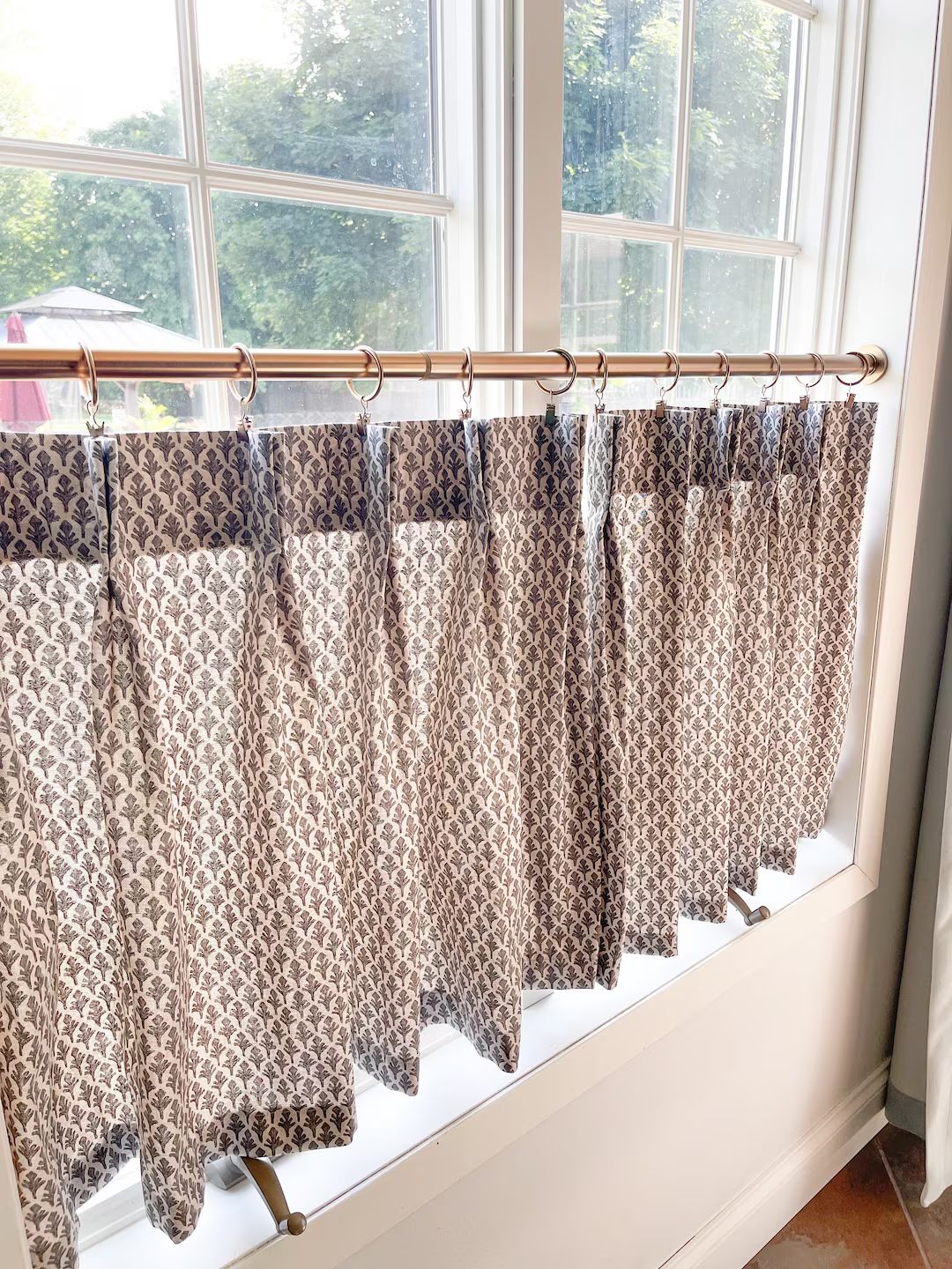 This Fresh Black Block Print on Brown Back Ground. Perfect Neutral Pallet Pleated Cafe Curtain Su... | Etsy (US)