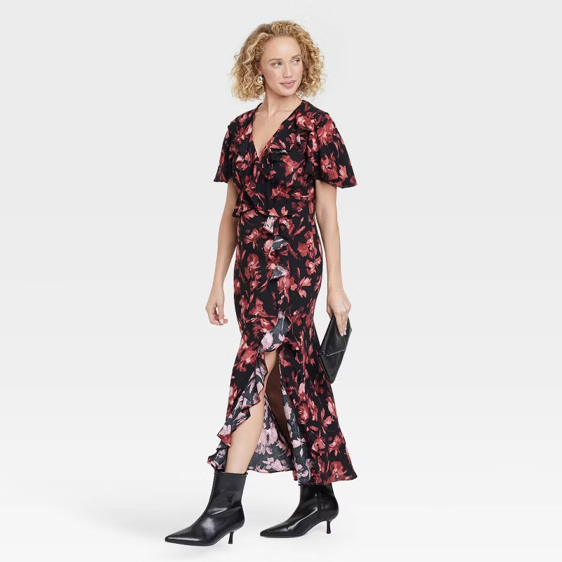 Women's Ruffle Flounce Short Sleeve Maxi Dress - A New Day™ Black/Red Floral S | Target