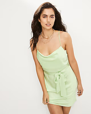 Satin Cowl Neck Belted Slip Dress | Express