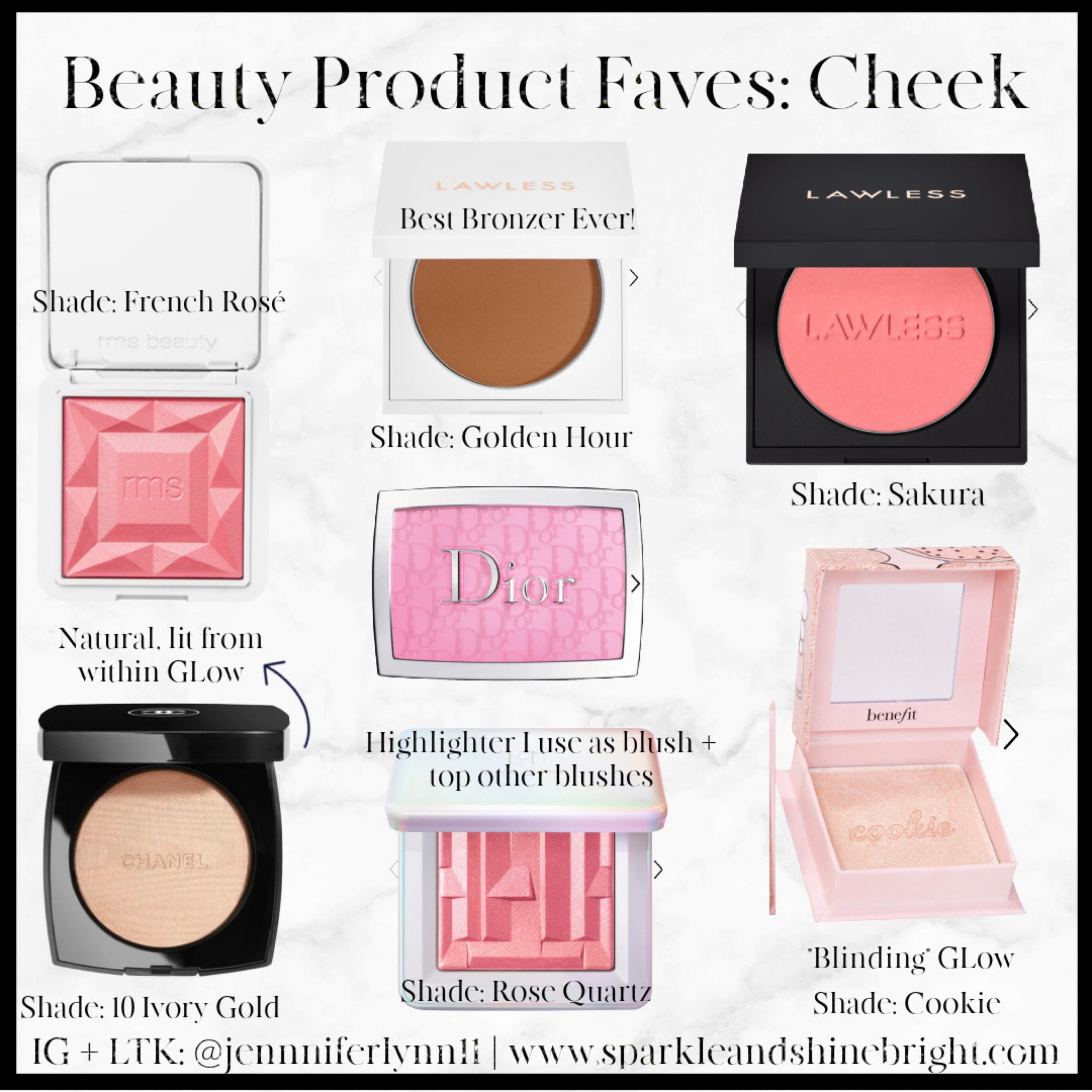 These are my favorite, go to products I reach for, all for the cheek   Shade names in the graphic  

#LTKbeauty #LTKFind #LTKSeasonal