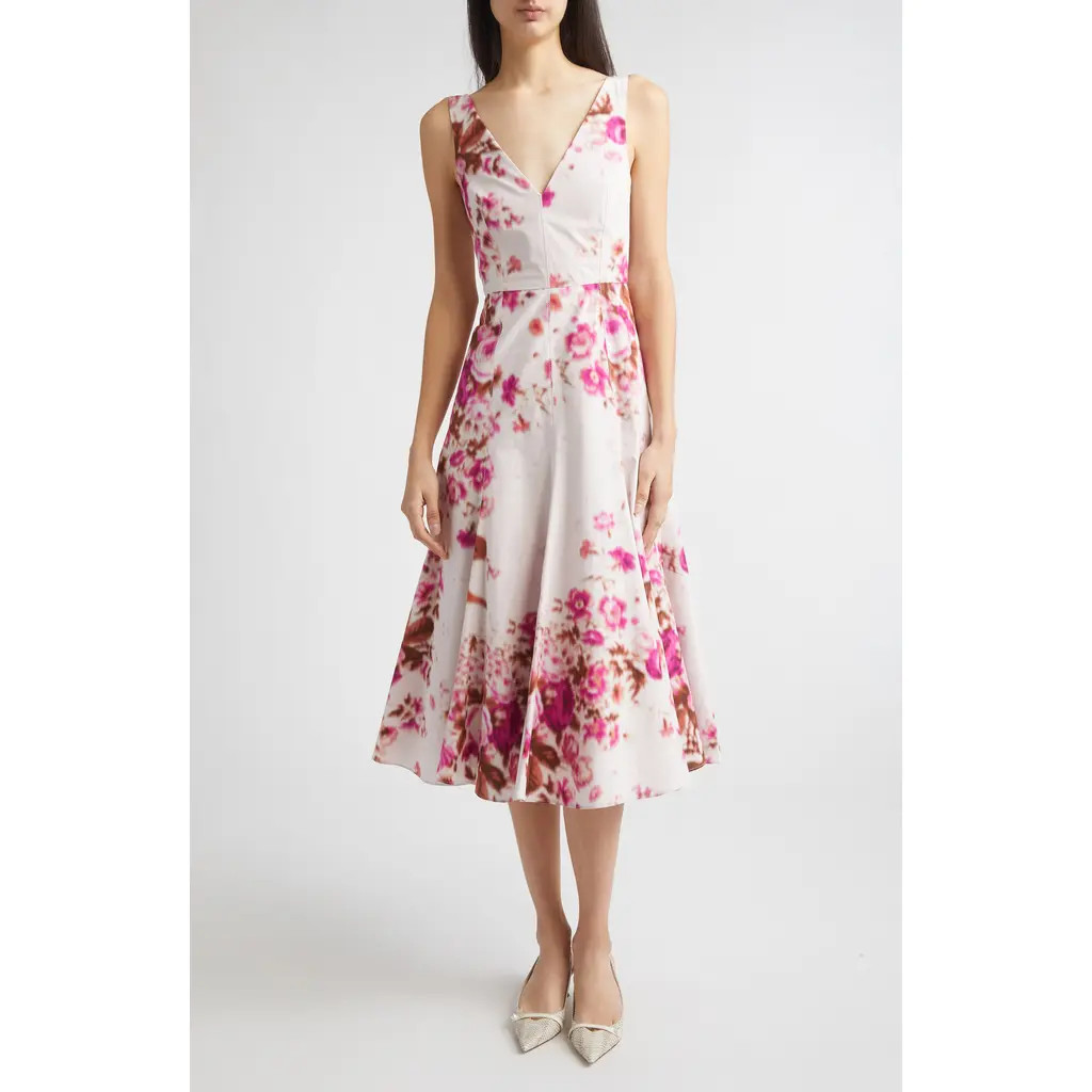 Erdem Floral Print Heavyweight Organic Cotton Poplin Fit & Flare Dress in Rose Bouquet Hot Pink at Nordstrom Rack, Size 8 | Nordstrom Rack