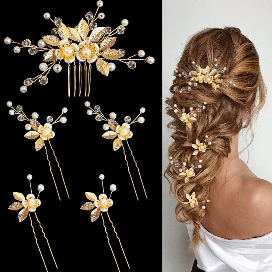 5 Pieces Gold Leaf Hair Pins Flower Pearl Hair Forks Bridal Hair Clips Headpiece Vintage Wedding ... | Amazon (US)