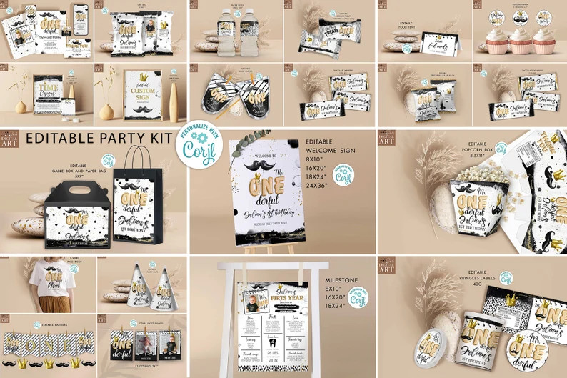 Editable Mr Onederful Baby Party Decorations Gold Black Boy Birthday Party Supply Favors Digital ... | Etsy (US)