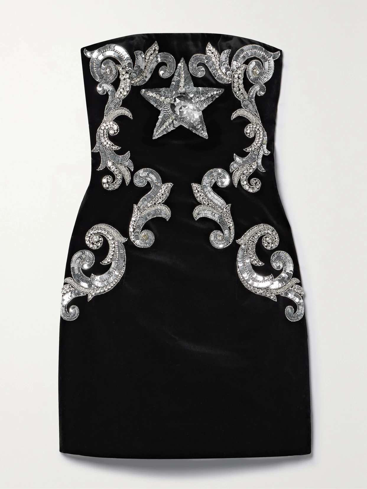 Balmain - Strapless Embellished Cotton-velvet Mini Dress - Black | NET-A-PORTER (US)