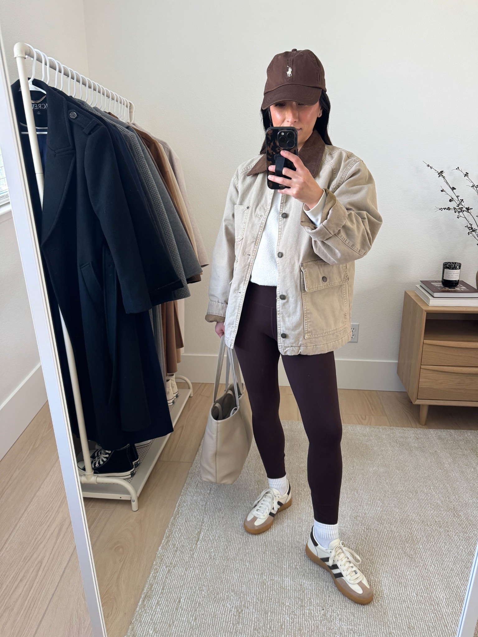 Fall outfit ideas with chocolate brown. 

Mango barn jacket xs (old, linked similar) 
Anine Bing sweatshirt xs (old)
Varley brown leggings xs
Amazon socks
Adidas Spezial sneakers 4 mens
Cuyana Small Easy tote in Stone

Fall outfits, fall style, petite style 

#LTKItBag #LTKShoeCrush #LTKSeasonal
