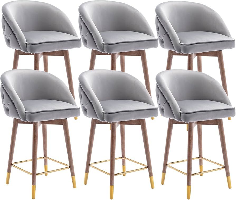 Guyou 26” Swivel Velvet Counter Height Bar Stool Set of 6, Upholstered Counter Stools Tufted Ba... | Amazon (US)