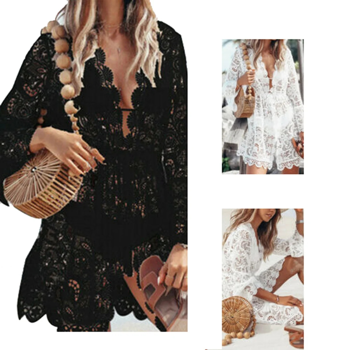 TSEXIEFOOFU - Women Lace Crochet Bikini Cover Up Swimwear Bathing Suit Summer Beach Mini Dress - ... | Walmart (US)