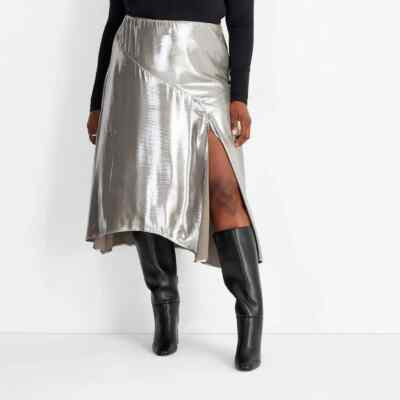 Future Collective Women's Plus SIze Flowy Satin Midi Skirt Silver 1X | eBay US