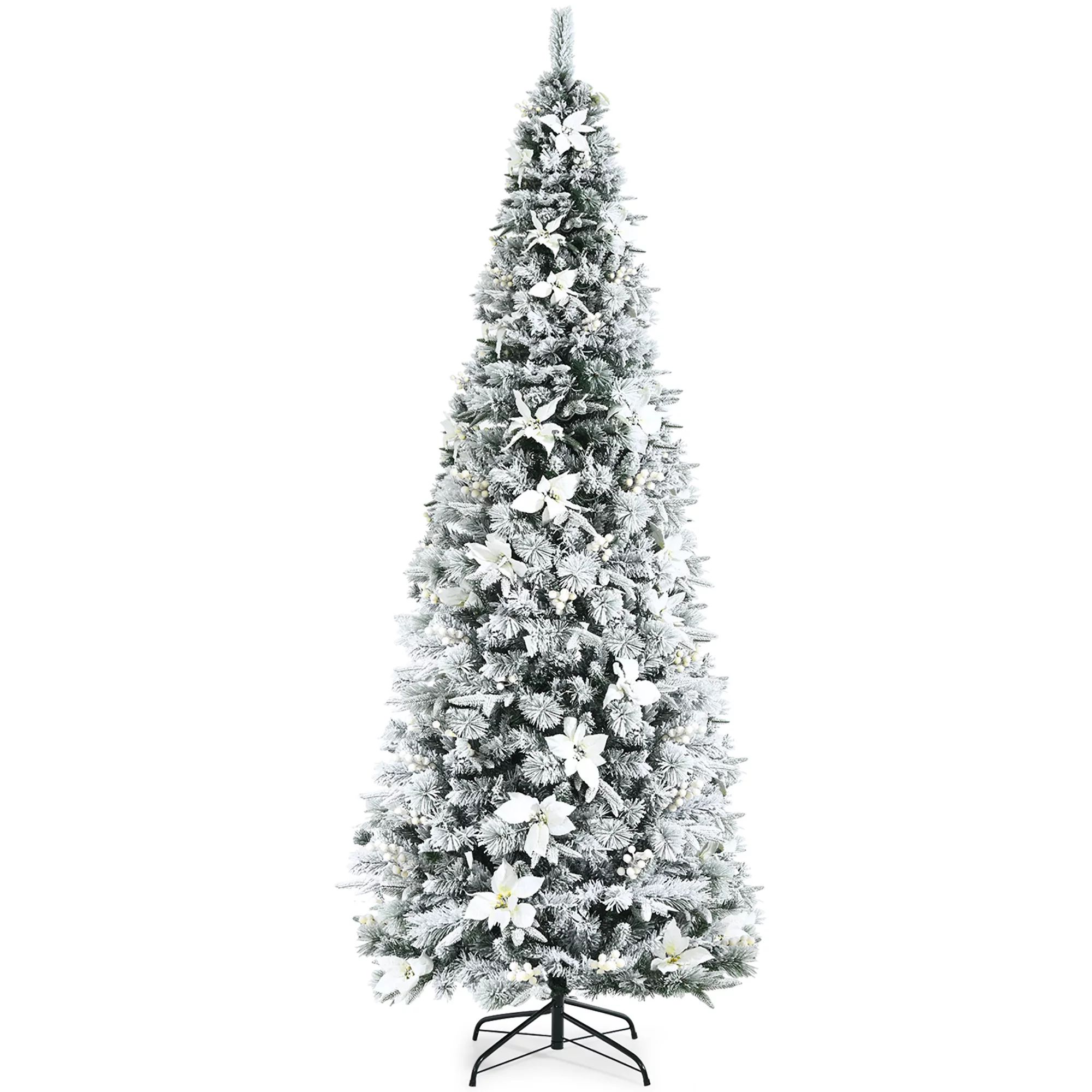 Costway 8ft Snow Flocked Christmas Pencil Tree w/ Berries & Poinsettia Flowers | Walmart (US)
