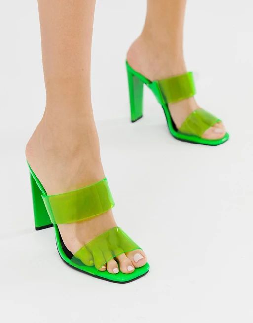 ASOS DESIGN Hayward clear block heeled mule in neon green | ASOS (Global)