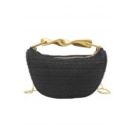 Twist Metal Handle Woven Straw Bag in Black for Daily Outings & Resort Getaways | Chicwish