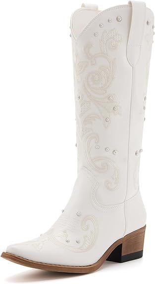 Western Cowboy Boots for Women Embroidered Boots with Pearls Mid-Calf Pointed Toe Chunky Heel Zip... | Amazon (US)