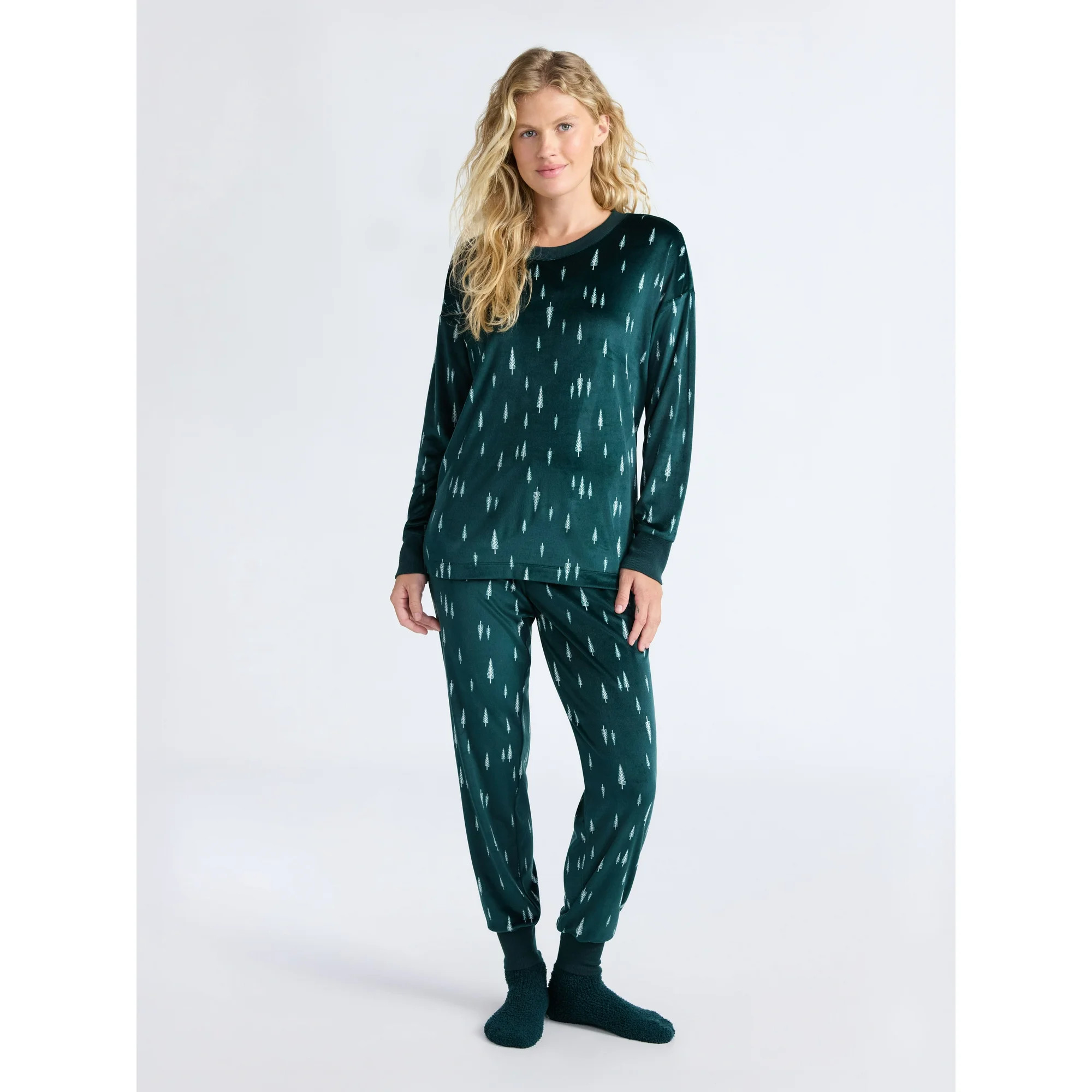 Joyspun Women’s Stretch Velour Long Sleeve Top, Pants, and Socks Pajama Set, 3-Piece, Sizes XS-... | Walmart (US)