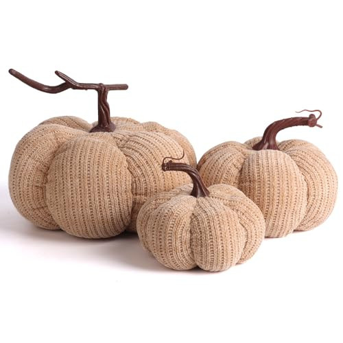 3 Sizes Fall Decor Pumpkins,Oversized Cotton Filled Fabric Pumpkin Decor,Farmhouse Decoration,Thanksgiving Decorations,Diameter 8"/6.3"/5.1" Pumpkins for Decorating (3pcs Brown) | Amazon (US)