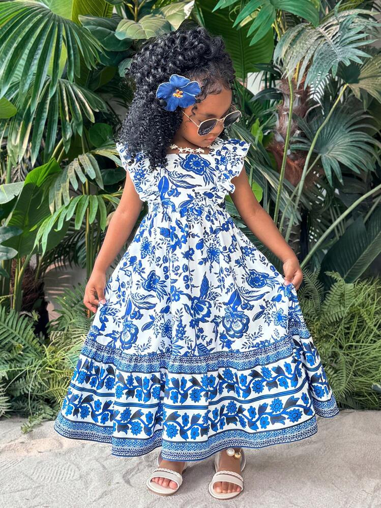 Young Girl's Casual Vacation Blue & White Floral Print Cap Sleeve A-Line Long Dress | SHEIN