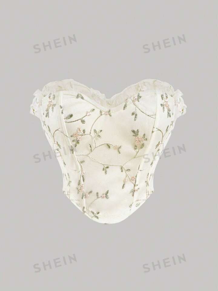 SHEIN MOD Floral Embroidery Frill Trim Zip Back Bandana Curved Hem Crop Date Night Tube Corset St... | SHEIN