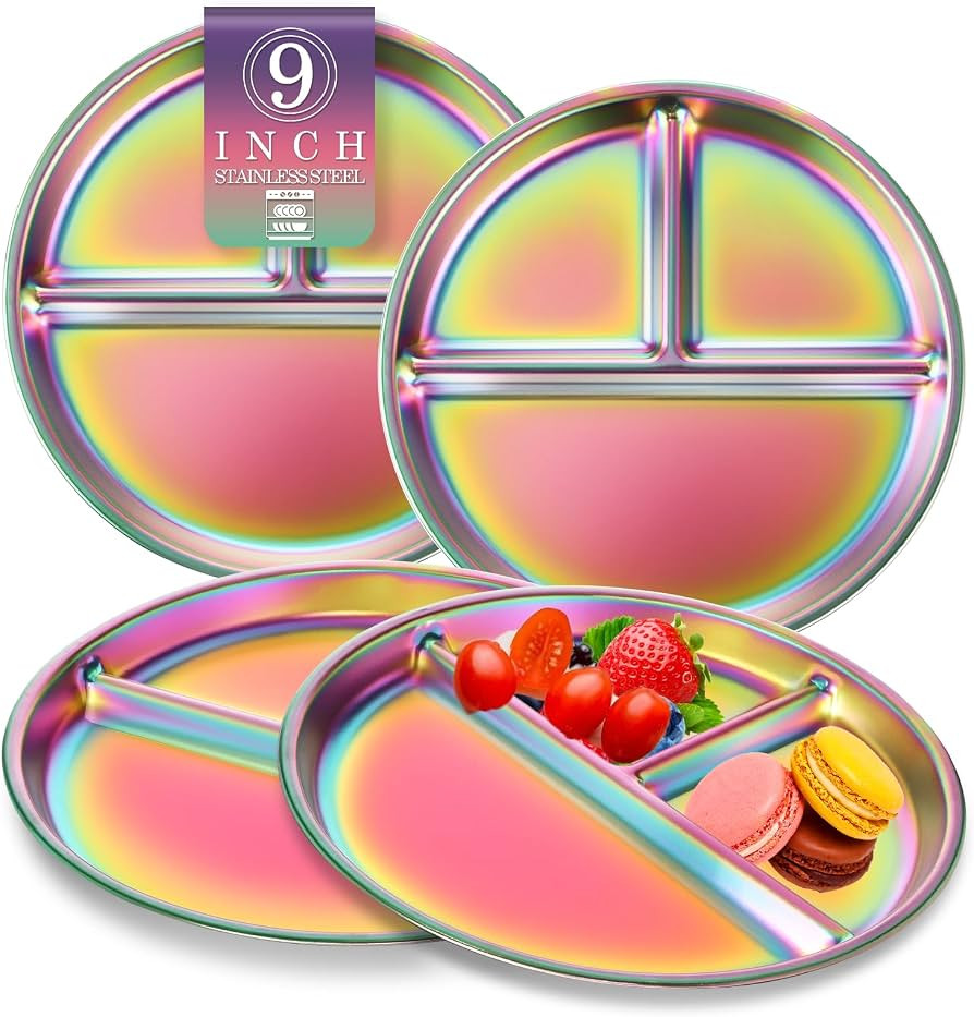 Bakpoco 9" Stainless Steel Toddler Plates Set of 4, Divided Plate for Kids & Baby, Non Toxic Unbr... | Amazon (US)