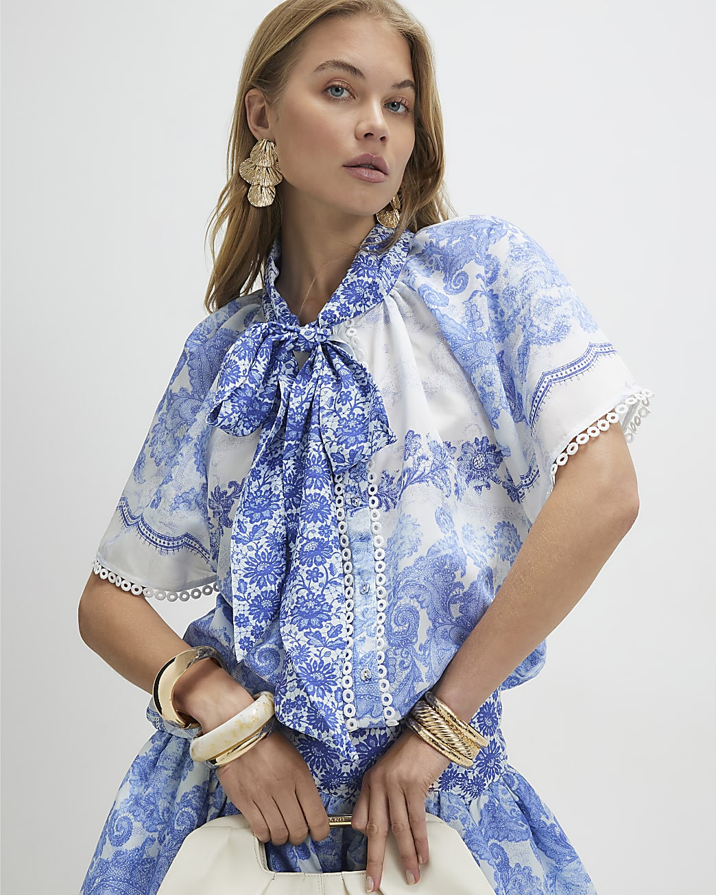 Blue Floral Pussybow Blouse | River Island UK & IE