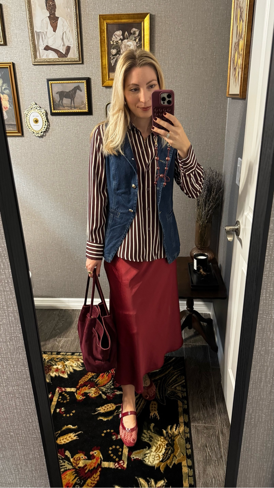 Day 7 of 7 ways to style wearing this denim vest to church. 
Mesh burgundy flats + satin midi skirt + denim vest + suede purse 
Teacher outfit

#LTKStyleTip #LTKItBag #LTKShoeCrush