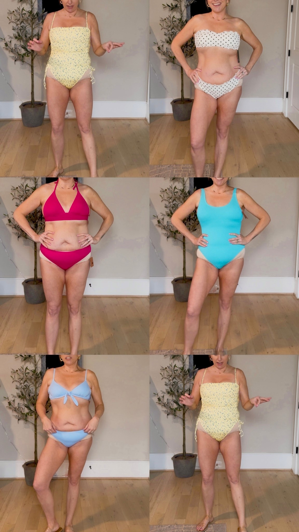 Target swimsuits on sale through the circle app! Today is the last day! Sizing from top left to bottom right…
Yellow one piece M (runs very small!) / Polka dot 2 piece top M and bottoms L (both tts) / magenta 2 piece top M (runs small!) and bottoms L (tts) / Turquoise one piece M (runs tts) / Periwinkle 2 piece top 36B and bottoms L (both tts)