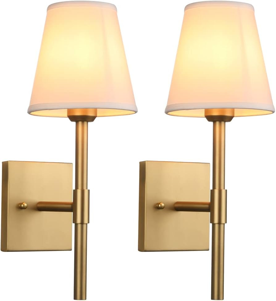 Pathson Set of 2 Bathroom Wall Sconces with White Fabric Shade, Cloth Wall Mounted Lighting for Living Room Bedroom Hallway Brass Finish Base | Amazon (US)