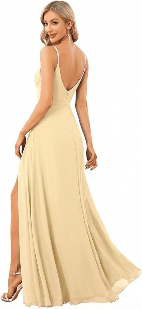 Ever-Pretty Women's Summer Backless Chiffon Bridesmaid Dresses Spaghetti Straps V-Neck Slit Long ... | Amazon (US)