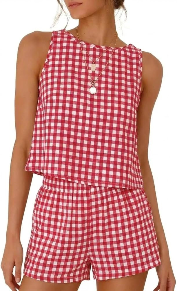 IDEALSANXUN Womens Two Piece Sets Summer Beach Spring Gingham Tank Tops and Plaid Shorts Pajama S... | Amazon (US)