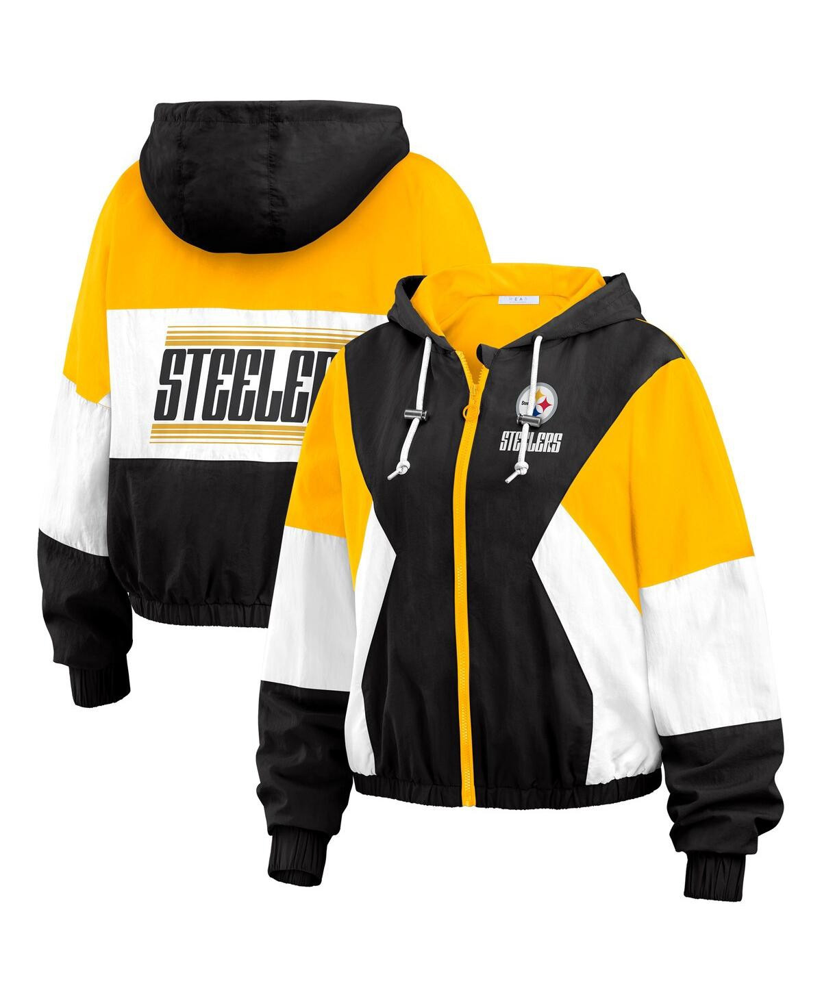 Wear by Erin Andrews Women's Black Pittsburgh Steelers Color Block Full-Zip Windbreaker Jacket - Black, Yellow | Macy's
