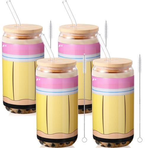 Baderke 4 Set Teacher Gifts Glass Cups 16 oz Drinking Tumbler with Lids and Straws Coffee Cups Bulk End of the Year Thank You Gifts for Women(Pencil,Yellow) | Amazon (US)