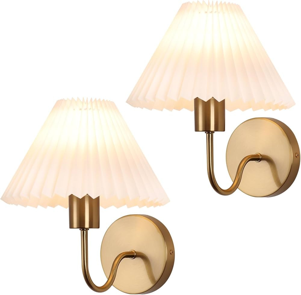 Brushed Gold Wall Sconces Sets of 2, White Pleated Fabric lampshade, Indoor Gooseneck Wall Lamp L... | Amazon (US)