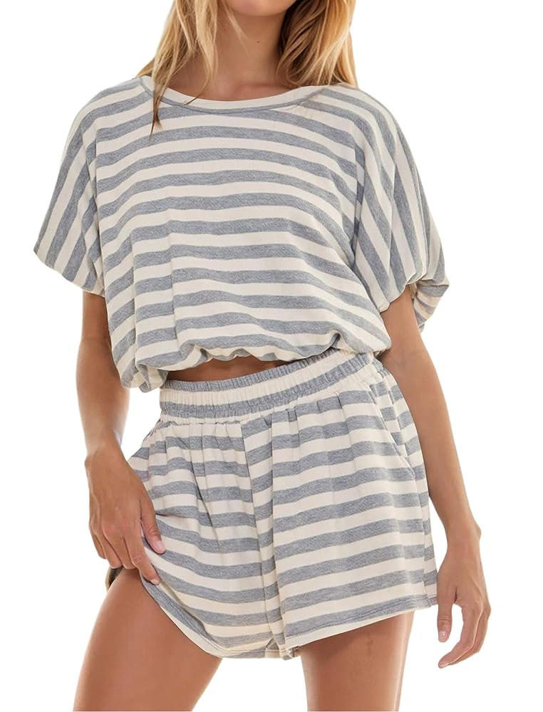 2 Piece Sets Women Striped Tee Shirt Shorts Set Short Sleeve Loose Fit Shirt Elastic Waist Shorts... | Amazon (US)