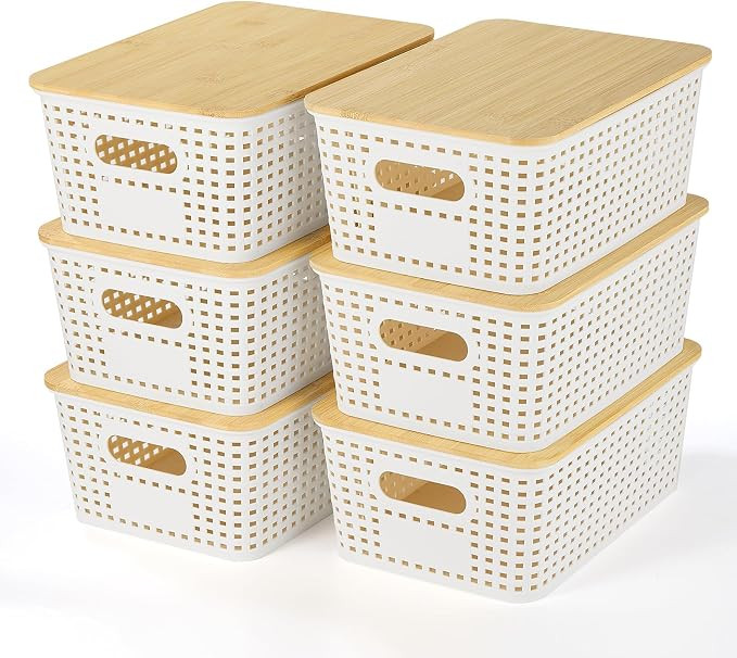 Ohmlove 6 Pack Plastic Storage Baskets with Bamboo Lids for Organization | Amazon (US)