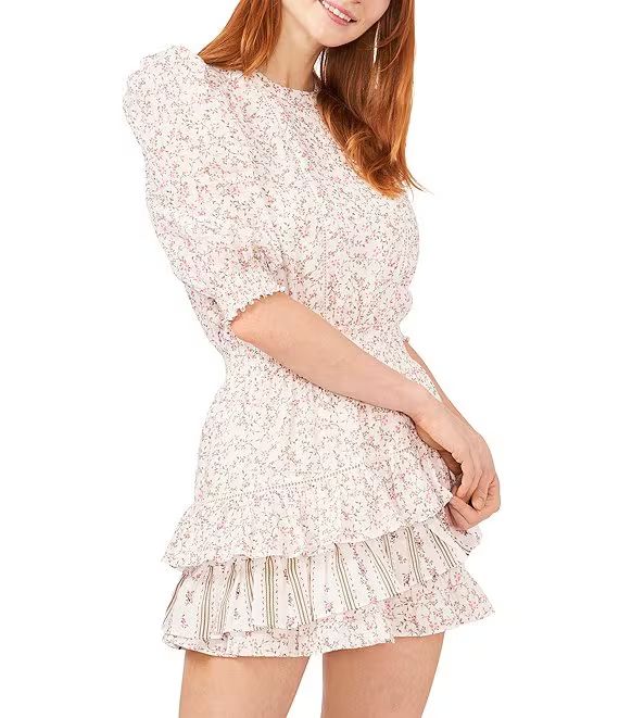 Smocked Ruffle Ditsy Floral Print Crew Neck Puff Short Sleeve Mini Dress | Dillard's