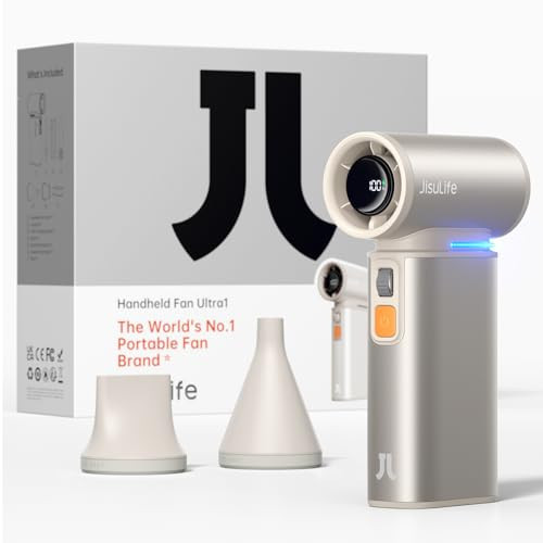 JISULIFE Portable Handheld Turbo Fan, 100 Speeds Adjustable Mini Personal Fan, 9000mAh USB Rechargeable Fan Battery Operated, LED Display, Metal Shell with Accessories Gifts for Men Women Travel-Brown | Amazon (US)