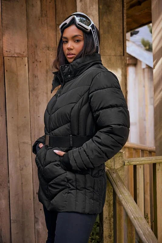 YOURS Plus Size Black Belted Puffer Coat | Yours Clothing UK