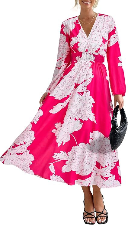 PRETTYGARDEN Women's Floral Midi Dress Casual Fall V Neck Long Sleeve Flowy Spring Beach Wedding ... | Amazon (US)