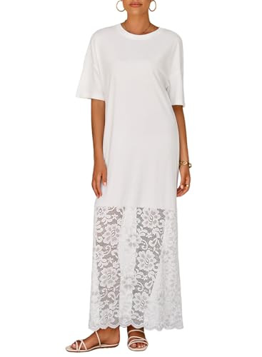 LOLONG Womens Short Sleeve Lace Patchwork Maxi Dress Summer 2026 Crew Neck Casual Long Dresses | Amazon (US)
