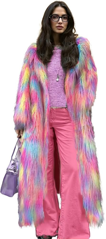 Shaggy Fluffy Faux Fur Coat With Candy Multicolored Sweater Women's Extend Ankle Puffy Outwear | Amazon (US)