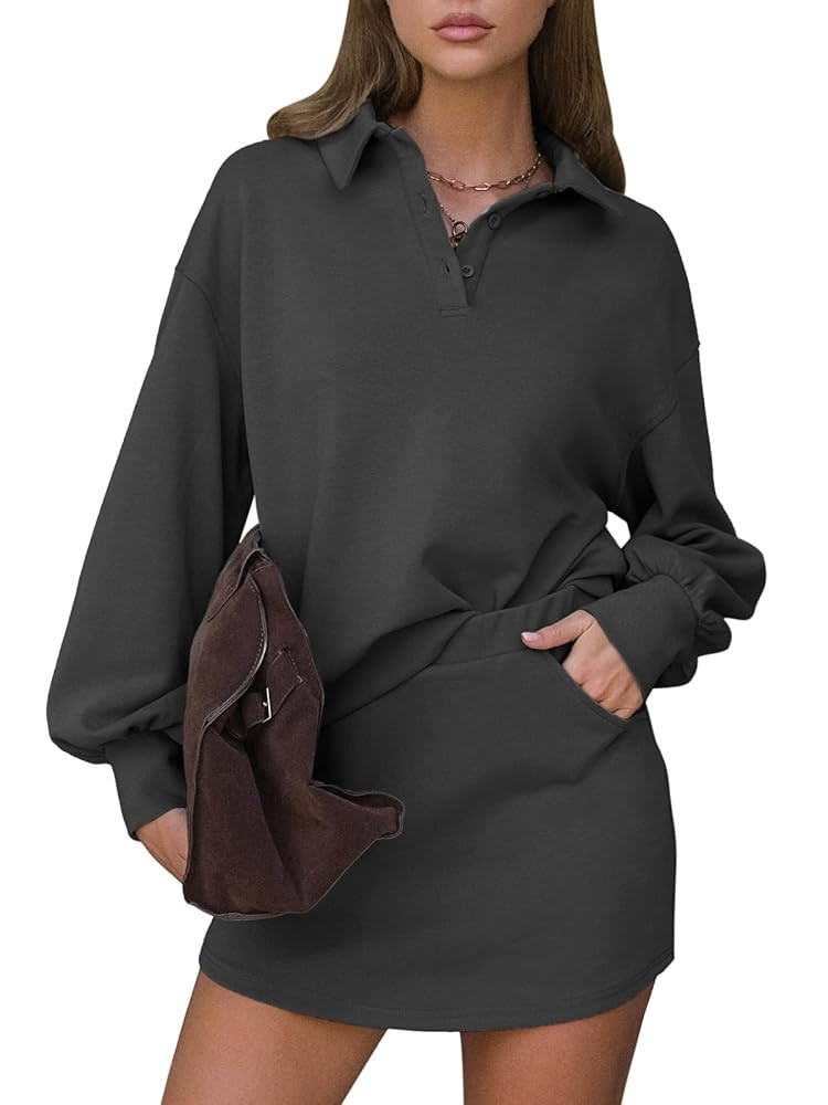 EXLURA Women Two Piece Sets 2025 Casual Polo Sweatshirt Skorts Matching Set Short Tennis Skirt Fa... | Amazon (US)